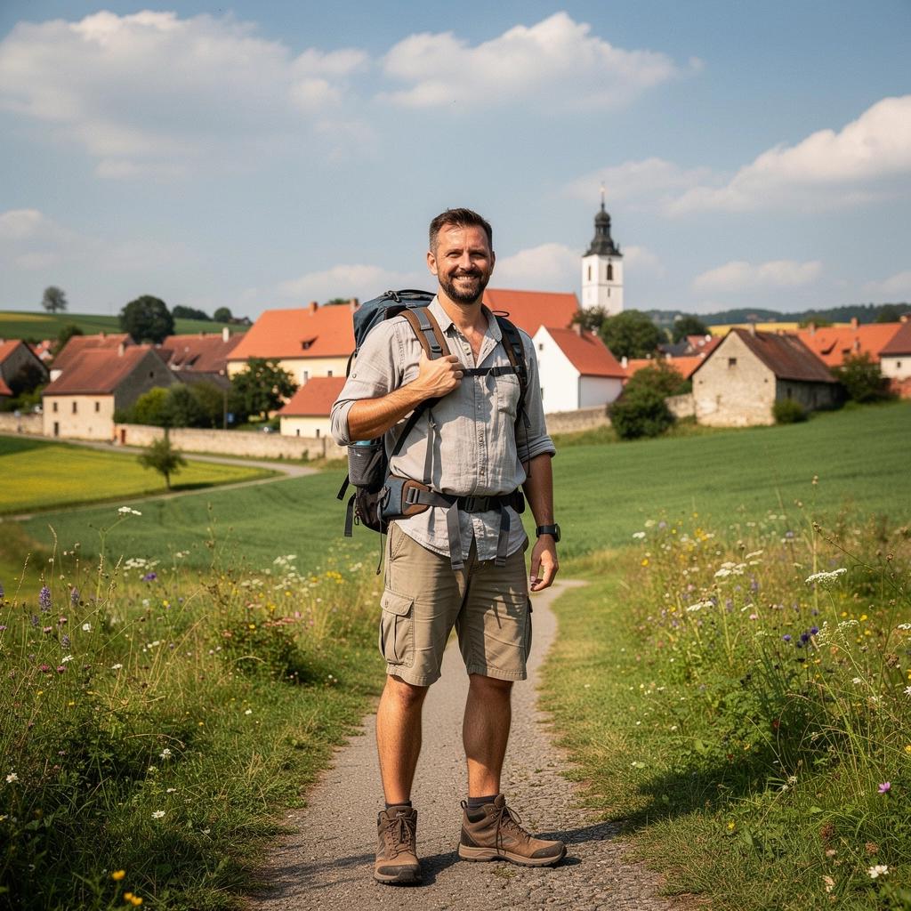 Turisté objevující hrad Karlštejn v letním slunečním dni.